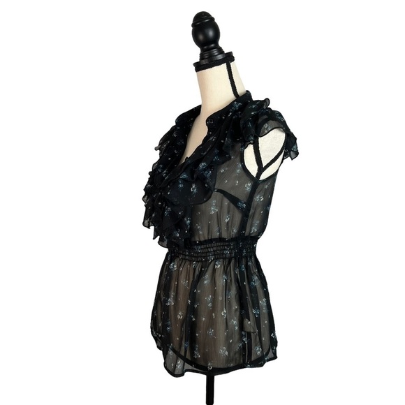 Kirra Womens Blouse Ruffle Blue Floral Button Down Sleeveless Top XS - Picture 2 of 10